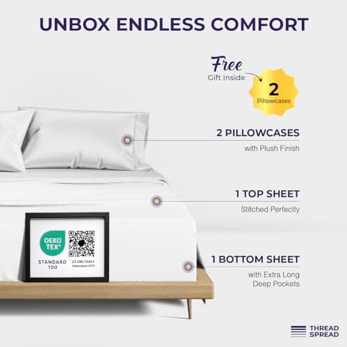 THREAD SPREAD 100% Egyptian Cotton King Size Sheets Set - 2000 Series Luxury King Bed Sheets (4 PC, White), Silky Soft & Cooling Sateen Weave, 17 Inch Extra Deep Pocket Hotel Collection Sheet Set - Thumbnail 3