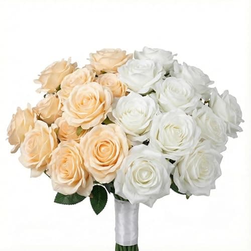 TransBloom 2 Bouquets, White Roses Artificial Flowers, Fake Roses Bouquet, 18 Heads, 16 Inch, Faux Wedding Bouquets with Stems, Floral centerpieces for Tables, Outdoor Decor (White) - Thumbnail 3