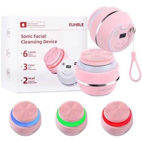 Electric Facial Cleaner with 6 Modes & 3 Light Effects, Rechargeable Waterproof Face Scrubber for Women and Men, Includes Extra Brush Head, Easy-Clean Hanging Design (Pink) - Image 1