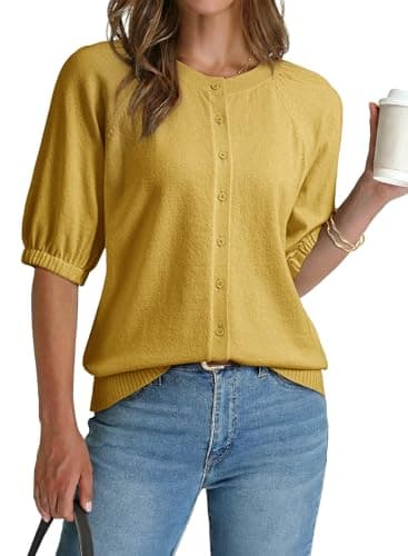 Dokotoo Women's Short Sleeve Button Down Sweater Casual Summer Crewneck Puff Sleeve Fashion Cute Solid Color Cardigan Sweaters for Women Lightweight Trendy Open Front Knit Tops Yellow X-Large - Image 1