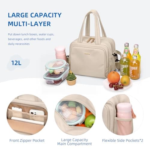 GOLF QUALITY Insulated Lunch Bags for Women,Lightweight Puffy Padded Waterproof Lunch Tote,Reusable Lunch Cooler Bag for Work Picnic Travel,Apricot - Thumbnail 5
