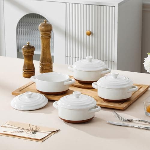 MALACASA Mini Cocotte Set - 12 OZ Small Casserole Dishes for Oven, Ramekins with Lids and Handles, Ceramic Mini Dutch Oven Set of 4, Microwave & Dishwasher Safe, Khaki White, Series TARA - Thumbnail 6