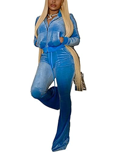 NSHYPOI Ladies Lapel Neck Jogging Suits Sets Plain Running Velour Outfit High Waisted Wide Leg Sweatpant Athletic Clothing Blue S - Thumbnail 2