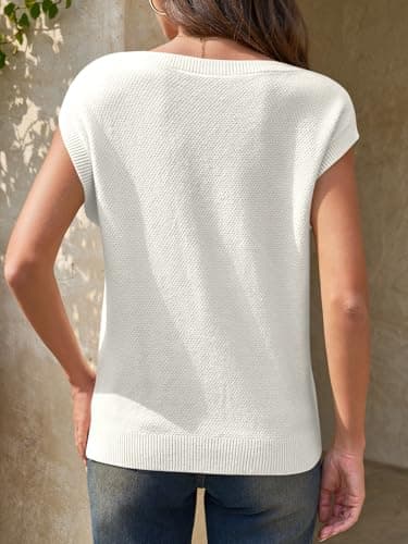 Saodimallsu Womens Short Sleeve Sweater Tops Summer Crewneck Lightweight Knit Casual Loose Sleeveless Sweater Vest White - Thumbnail 5