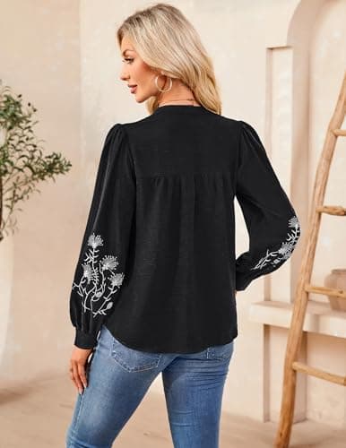 LOOKBOHO Womens Dressy Casual Boho Tops Embroidered V Neck Trendy Puff Long Sleeve Peplum Blouses Black XL - Thumbnail 3