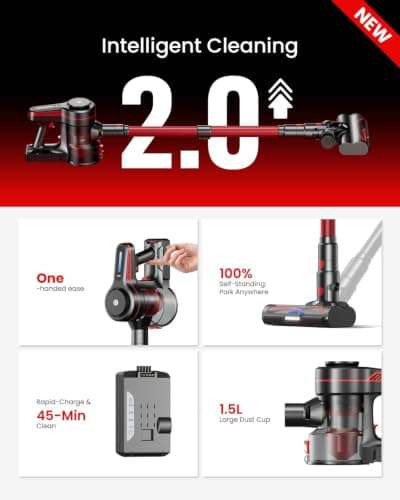 CHEBIO Lightweight Cordless Vacuum Cleaners for Home, Stick Vacuum Cordless Rechargeable with 45kPa Suction,45-Min Run,Anti-Tangle and Self-Stand, 6 in 1 Hardwood Vacuum Cleaner (red) - Thumbnail 6