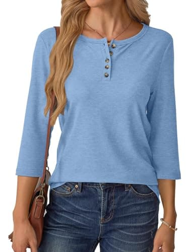 GKBK 3/4 Sleeve Womens Tops Fall Clothes Henley Casual Spring Summer Lightweight Basic Tunic Shirts Blue - Thumbnail 2