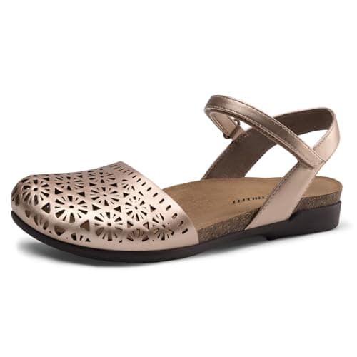 Athlefit Women's Closed Toe Sandals Comfort Cork Footbed Arch Support Flat Sandals Pewter Hollow Size 5.5 - Image 1