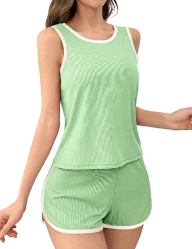 JUSTFASHIONNOW Women's 2-Piece Contrast Trim Pajama Set - Casual Tank Top & Shorts, Soft Ribbed Loungewear(Mint green X-Large) - Image 1