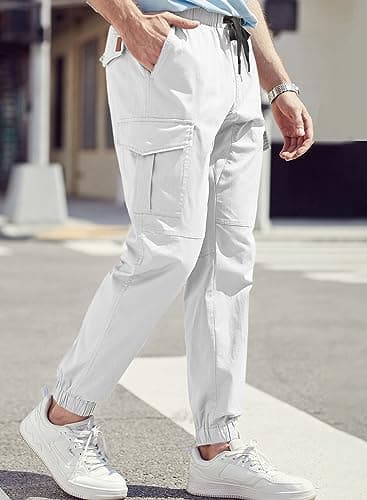 JMIERR Man Fashion Cargo Pants - Casual Cotton Tapered Stretch Twill Chino Athletic Joggers Sweatpants Drawstring Hiking Workout Trousers Travel Pants with Pockets for Men,US 36(L),A White - Thumbnail 6