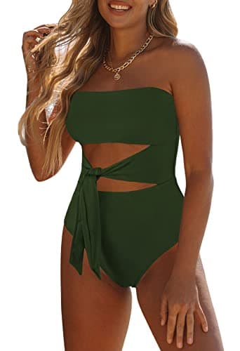 Viottiset Women's Bandeau One Piece Swimsuit Cut Out Tie Strapless Bathing Suit Dark Green X-Large - Image 1