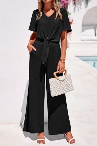 PRETTYGARDEN Women 2 Piece Summer Outfits Short Sleeve Strappy Top Wide Leg Pants Tracksuit Lounge Sets Beach Clothes(Black,Medium) - Thumbnail 2