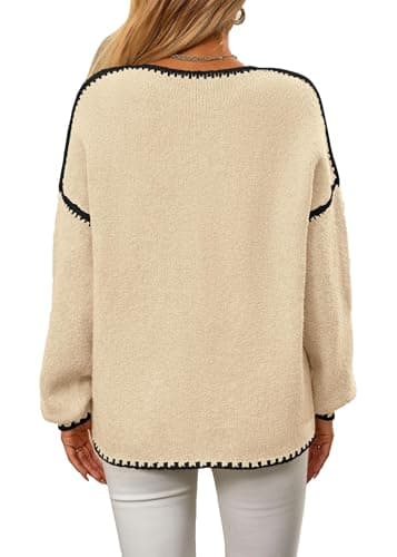 KIRUNDO Womens Sweaters 2025 Fall Oversized Long Sleeve Chunky Knit Crew Neck Contrast Stitching Pullover Winter Clothes(Beige, Small) - Thumbnail 2