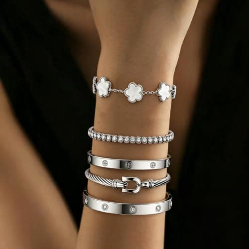JINDETAI Stackable Silver Bracelets for Women - 3/4/5 Sets, Non-Tarnish Stainless Steel & Sterling Silver Trendy Stackable Bangle Jewelry Set, Gifts for Valentine's Day, Birthday, Prom and Christmas - Thumbnail 4