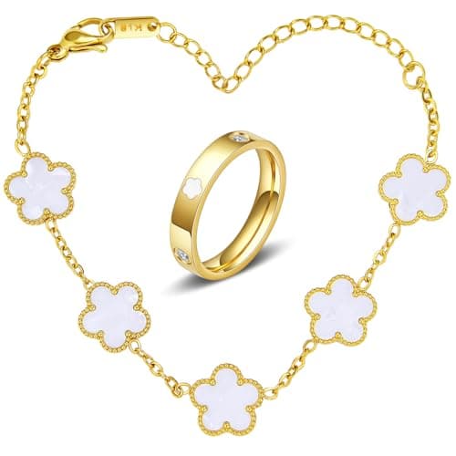 MHWTTY Gold Silver Butterfly Clover Bracelet Ring Set, Stainless Steel Cuff Bangle Jewelry Dainty Love Design for Women Wedding Birthday Gift (White Clover, Ring Size 6)