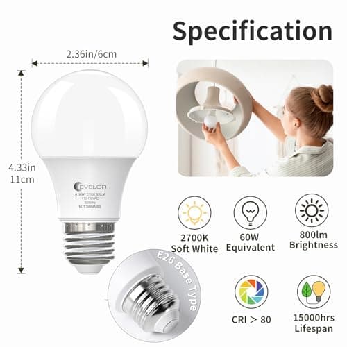 evelor 6-Pack A19 LED Light Bulbs,60 Watt Equivalent Soft White 2700K with E26 Base,Efficient 9W,800 Lumens Non-Dimmable Warm White LED Bulbs,15000 Hours, Ideal for Bedroom Living Room - Thumbnail 2