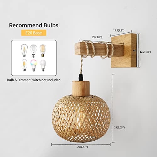 Frideko Bamboo Wall Sconce Lighting - Rattan Wall Lamps for Bedroom, Farmhouse Wall Light with Bamboo Lampshade, Rustic Boho Sconces Light Fixture for Living Room - Thumbnail 5