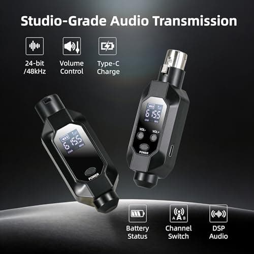 Kelgyua Wireless XLR Microphone Transmitter Phantom Power, 2.4G Auto Noise Reduction, Rechargeable Bluetooth Adapter for Professional Mics - Thumbnail 2