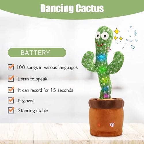 MIAODAM Dancing Cactus Baby Toy - Talking Cactus, Singing Toy, Colorful Glowing Repeating What You Say Plush Figure with 100 Songs for Kids and Adults - Thumbnail 3