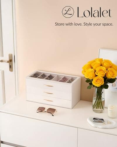 Lolalet 18 Slots Sunglasses Organizer Case for Women, 3-Layer Eyeglass Storage Holder Display Box with Clear Top Lid, Mothers Day Gifts -Cream - Thumbnail 2