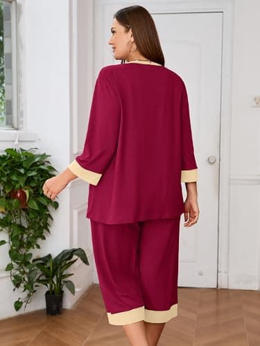 AusLook Women’s Plus Size Pajama Sets Burgundy 4X Soft 3/4 Sleeve Nightwear Top and Capri Pants Lounge Set with Pockets - Thumbnail 6