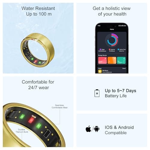 POBOVi Ring OnePlus - Ultra-Thin Titanium Smart Ring - 7 Days Battery Life - Fitness/SPO₂/Stress/HR/Sleep Skin Temperature Tracker - No App Fee - iOS&Android Compatible (Gold,Size 7) - Thumbnail 4