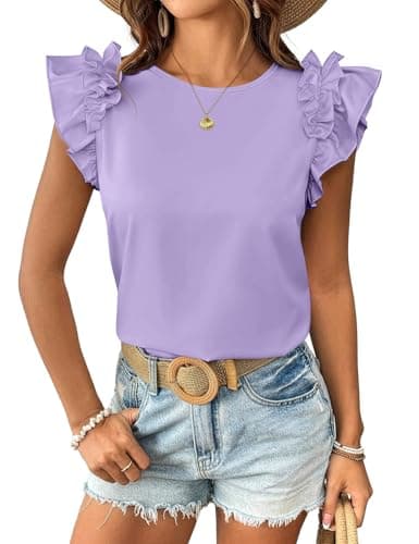 Womens Summer Shirts Trendy Ruffle Short Sleeve Tops Crew Neck Casual T-Shirts Cute Tee Tops Loose Fit Dressy Blouses Beach Vacation Purple XXL - Image 1