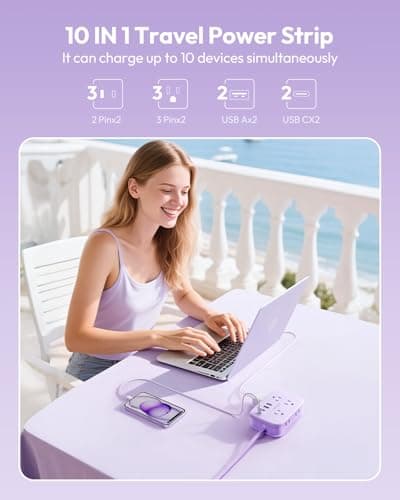 NTONPOWER Purple Travel Power Strip, 6 Outlets 4 USB Ports(2 USB C), 4ft Purple Extension Cord Wrapped Around Small Power Strip, Compact for Travel, Hotel, Cruise Approved - Thumbnail 3