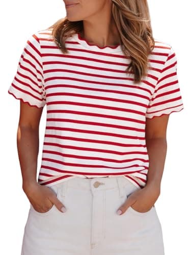 Womens Striped Shirt Summer Color Block Scalloped Short Sleeve Tee Shirts Casual Loose Fit Crewneck Tops Red XL - Image 1