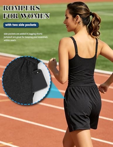 SLIMBELLE Built In Bra Athletic Rompers For Women Summer Square Neck Adjustable Strap Pleated Waist Pockets Short Jumpsuit One Piece Outfits BLACK S - Thumbnail 4