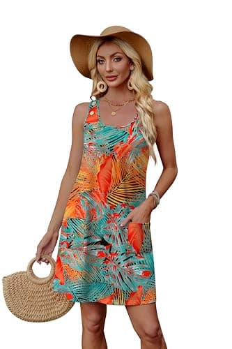 WEESO Hawaiian Dresses for Women Casual Mini Dresses Spring Summer Fashion Vacation Boho Cute Sundresses Travel Clothes Swimsuit Coverup Floral Orange L - Thumbnail 3