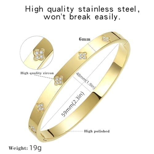 BOLAGTIER Gold Plated Bangle Bracelets for Women Four Leaf Clover Lucky Love Cubic Zirconia Bracelet (Clover Gold-Small) - Thumbnail 4