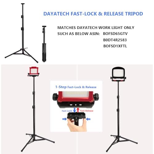 DAYATECH Adjustable Work Light Tripod Stand, Foldable Heavy Duty Steel Tripod, 35-55 Inch Height, Quick Release Mount, Black - Thumbnail 4
