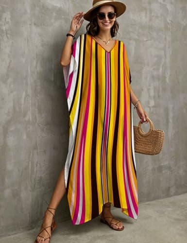 ZIRHYSTA Kaftan Dress for Women Beach Cover Ups, Plus Size V Neck Maxi Swimsuit Coverup, Oversized Caftans for Pool Resort S-XXL (Sunset Stripe) - Thumbnail 5