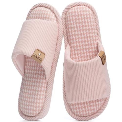 GOEWY Summer House Slippers for Women Cozy Open Toe Breathable Slippers with Memory Foam Birthday Gifts for Women Mom Indoor and Outdoor Size 11 12 Pink Checkered - Image 1