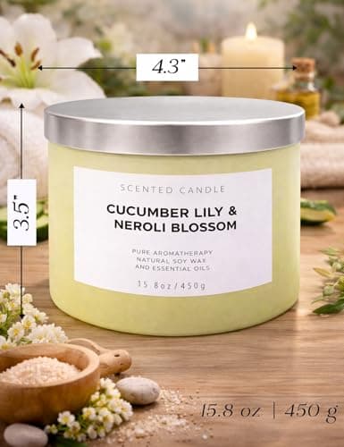 Cucumber Lily & Neroli Orange Blossom 3-Wick Soy Scented Candle, 15.8 oz | Spa Fresh Aromatherapy Candle | Large Scented Candle for Home, Long Lasting & Clean Burning - Thumbnail 5