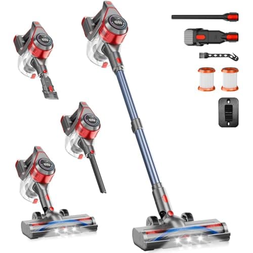 BSNAW Cordless Stick Vacuum Cleaner - Rechargeable, 35Kpa Powerful Vacuums with Detachable Battery, LED Display, 45Mins Runtime, 8 in 1 Handheld Vacuum for Hardfloor & Carpets Pet Hair, Red - Image 1