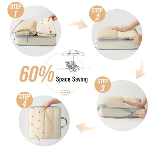 WOOMADA Compression Packing Cubes for Suitcases Travel Essentials 6 Set Rectangle Mesh Expandable Travel Bags Organizer for Luggage(Beige) - Thumbnail 3