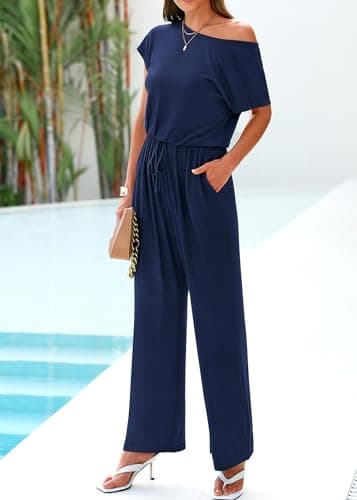 KIRUNDO Wide Leg Jumpsuits for Women Summer Short Sleeve Off Shoulder One Piece Jumpsuits Loose Drawstring Long Pants Romper Jumper Casual Outfits 2025(Navy, Large) - Thumbnail 6