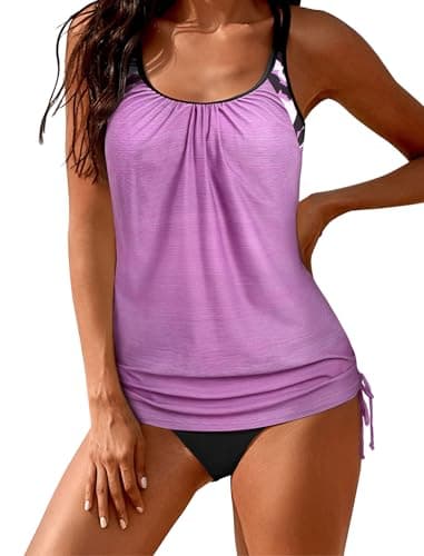 ZAFUL Two Piece Tankini Swimsuit for Women High Waisted Tummy Control Bathing Suit Double Up Tankini Set 1-Light Purple XL - Image 1