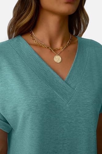 GKBK Womens Short Sleeve T Shirts V Neck Loose Fit Shirts Summer Casual Basic Tee Tops Cyan XXL - Thumbnail 3