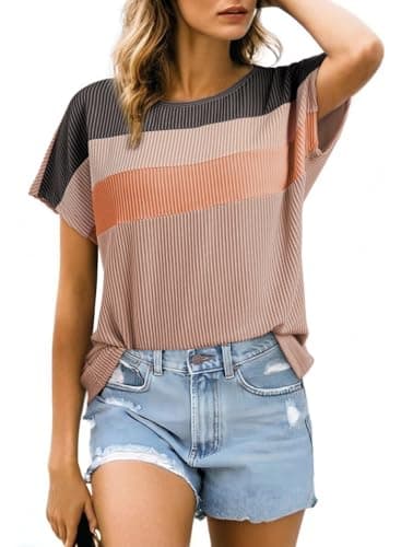 Dokotoo Women Tops Colorblock T Shirt Crewneck Short Sleeve Tops Spring Summer Ribbed Knit Blouses Business Casual Loose Ladies Shirts for Women Trendy Dark Khaki Large - Image 1