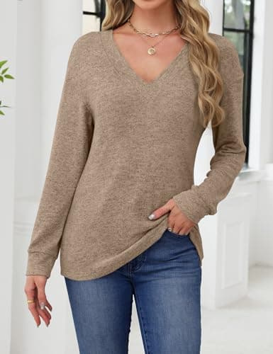 JUSTFASHIONNOW Tops for Women Trendy Long Sleeve Shirt V Neck Tunic Tops Loose Fit Dressy Plus Size Blouses Fall Sweaters Basic Tees Winter Clothing 2025 (Brown,XX-Large) - Thumbnail 3