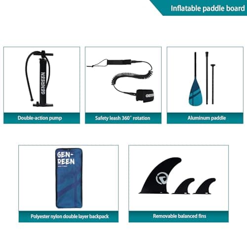 Genreen Stand up Paddle Board Inflatable SUP Board 11'33"6" 400LBS Capacity with EVA 0.5cm 4 Grips 3 Fins for Japanese Customers Ultra Stable Paddleboard (Monstera Powder Blue) - Thumbnail 5