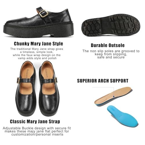 BEAUSEEN Women's Mary Jane Shoes with Platform Sole - Comfort Round Toe Strap Ballet Flats for Women - Chunky Heel Dress Flats Black,10 US - Thumbnail 6
