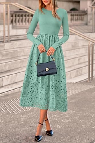 dowerme Women Spring Dresses 2026 Casual Long Sleeve Crewneck A-Line Boho Eyelet Cotton Maxi Wedding Guest Dress Pockets(Light Green,XX-Large) - Thumbnail 3