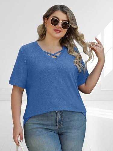 Plus Size Summer Spring Tops Clothes Womens Fashion Clothing Oversized V Neck Short Sleeve T Shirts Blouses for Women Beach Travel Cruise Essentials Vacation Easter Outfits 2026 Blue 3XL - Thumbnail 3