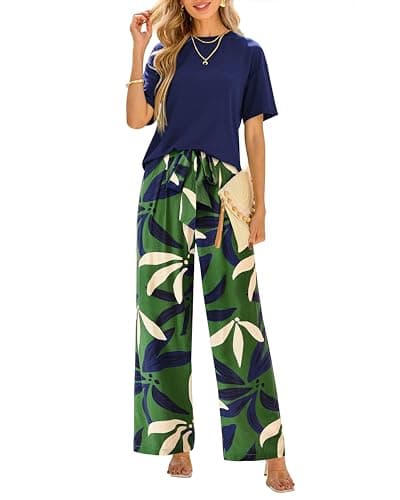 PRETTYGARDEN Women Summer 2 Piece Outfits 2026 Short Sleeve Knit Top Floral Print Belted Wide Leg Pant Sets With Pockets(Flroal Army Green,XX-Large) - Image 1