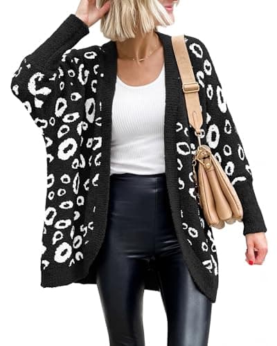 BTFBM Leopard Cardigan for Women Long Sleeve Open Front Cardigans Sweaters Pockets Loose Knit 2026 Fall Winter Outwear(Black, X-Large) - Image 1