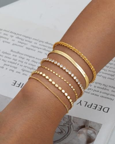 Gold Bracelets for Women 14K Gold Plated Stack Trend Bracelets Charm Paperclip Chain Cuban Link Layered Waterproof Bracelet Dainty Bracelet for Women Jewelry Gifts (Gold 6Pcs) - Thumbnail 2
